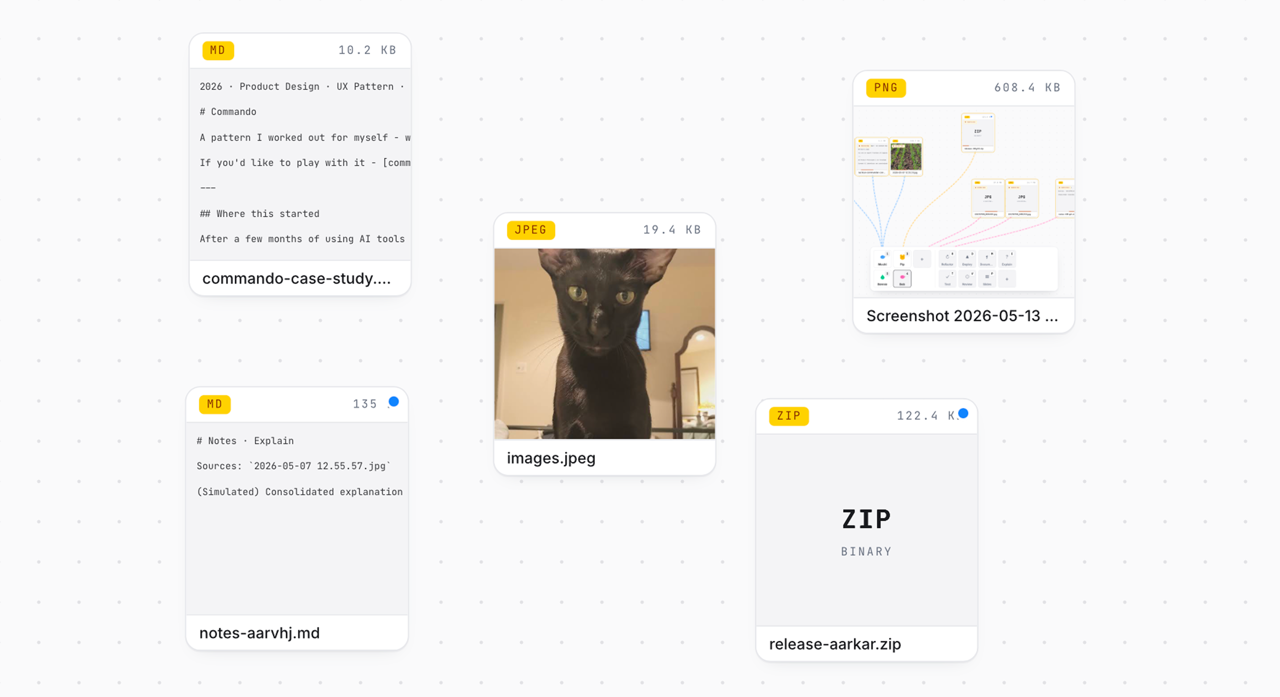 Commando canvas with artifact cards - markdown previews, JPEG, PNG, and ZIP files