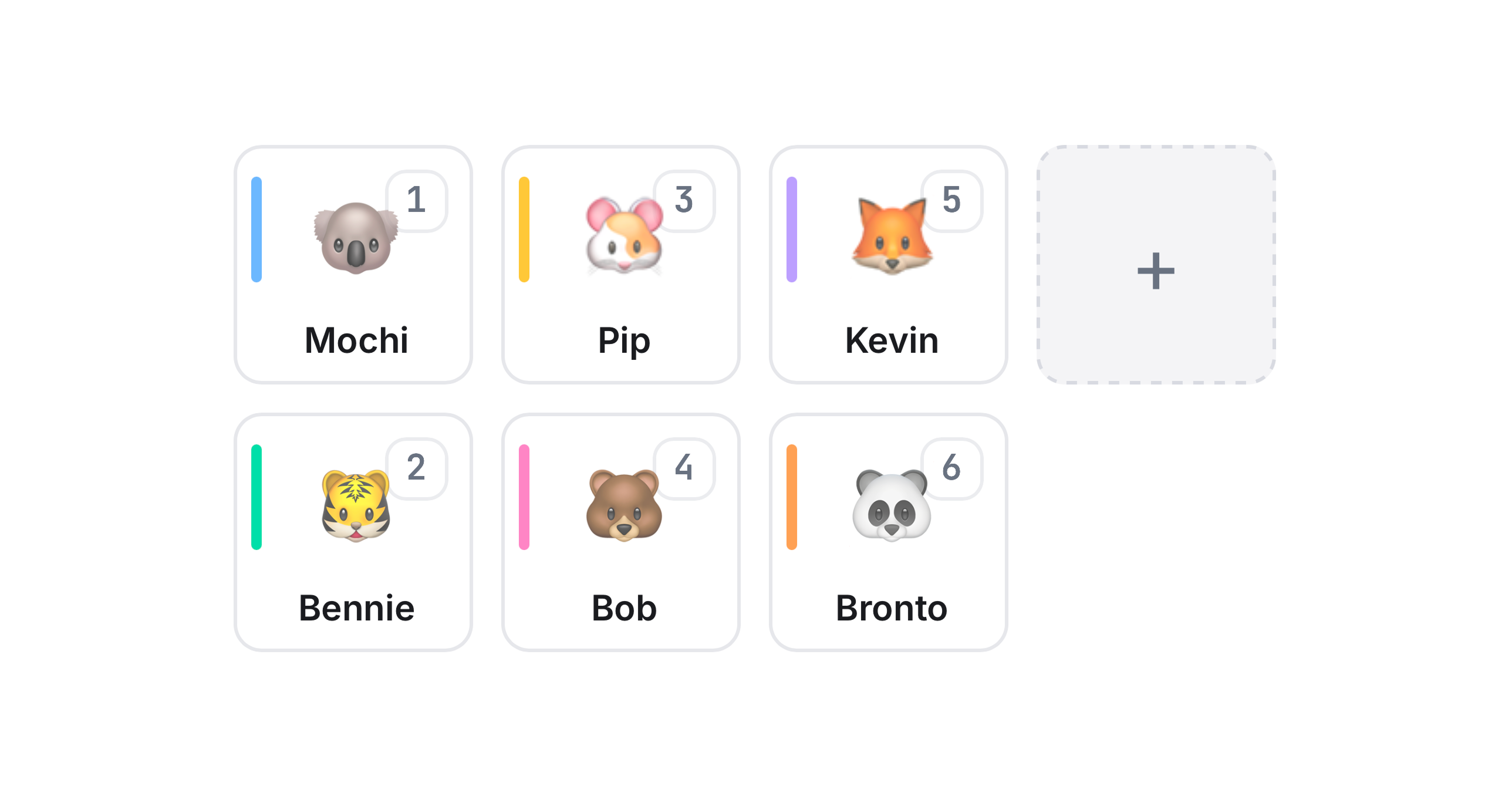 Commando agent picker - colored cards with identity, emoji, and numbered slots
