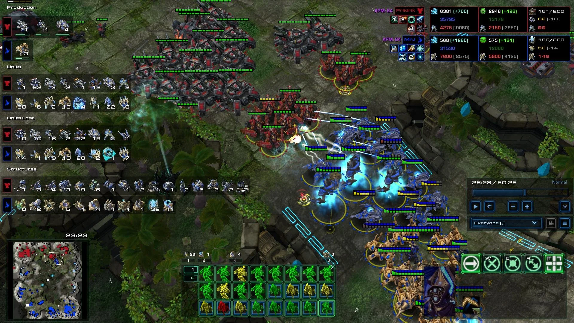 StarCraft II spectator view with dense Standard Enhanced UI mod - production tiles, army panels, minimap, and selection grid